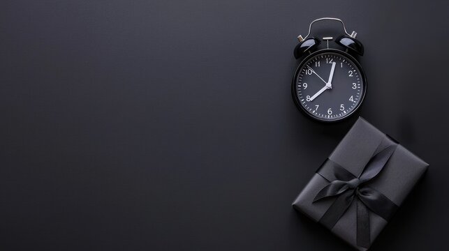A black clock and a wrapped gift sit on a dark surface, symbolizing time, celebration, and the anticipation of special moments.