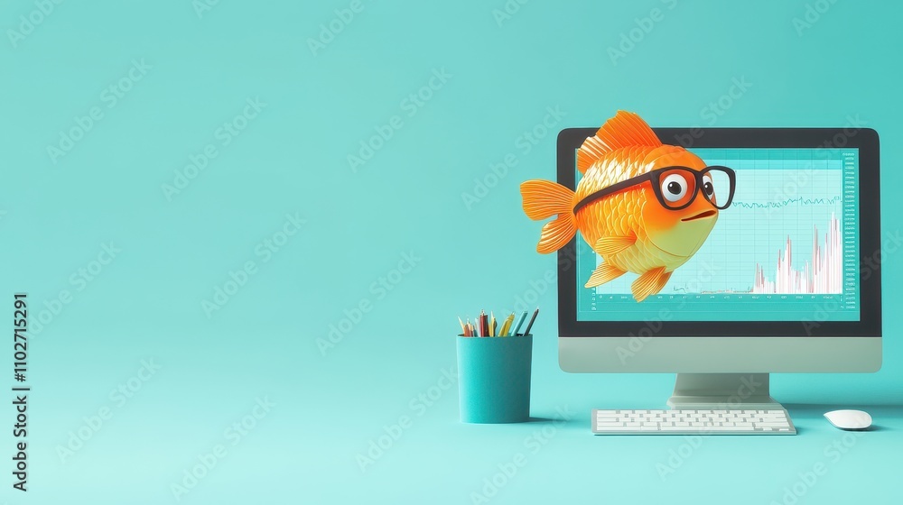 Poster Fish Working on Computer with Charts