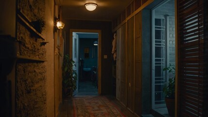 Dimly lit hallway with a blend of open doorways and plants in an apartment setting late at night