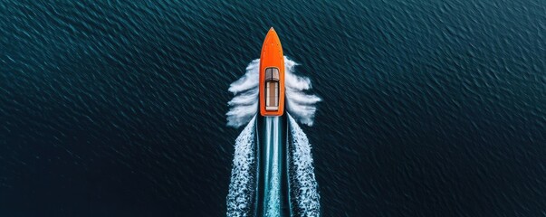 Speeding boat on dark water, creating waves behind it.