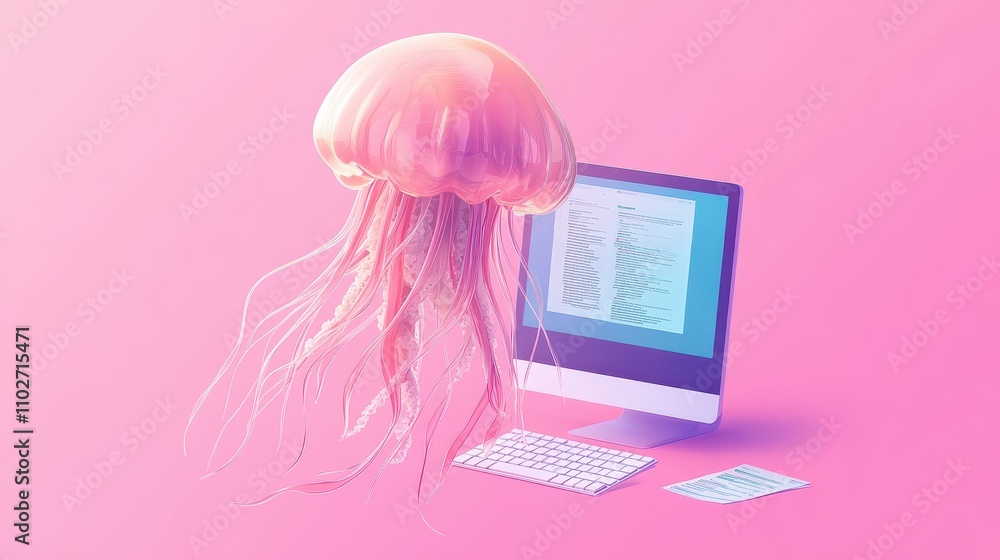Poster jellyfish floating in front of a computer screen