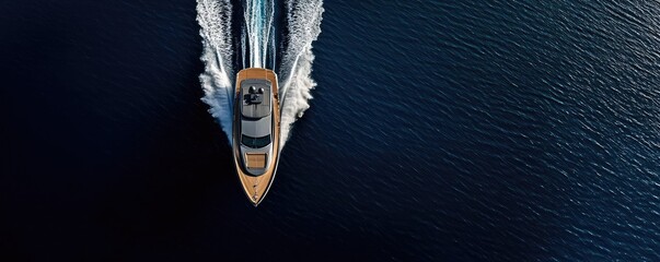 Luxury yacht cruising over calm, deep blue water, aerial view.