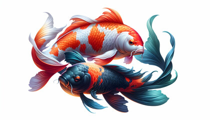 Fototapeta premium Underwater A pair of colorful koi fish swimming side by side, isolated on a white background to showcase their4