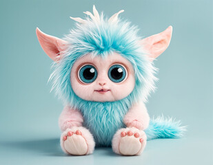 Fototapeta premium Cute fluffy cute monster with huge eyes and ears with feathers, pastel - generated by ai