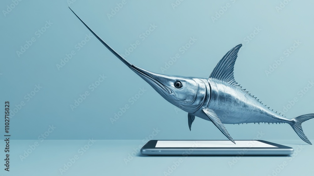 Poster swordfish animation on tablet display with stylus