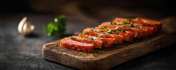 Sliced meatloaf garnished with herbs on a rustic wooden board.