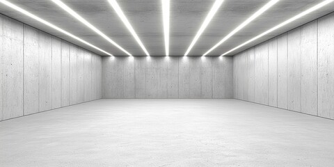 Minimalist Concrete Room with Neon Tube Lights Smooth Grey Walls Textured Floor Modern Design Empty Space