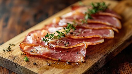 Sliced cured meat with herbs on wooden board, ideal for gourmet presentations.