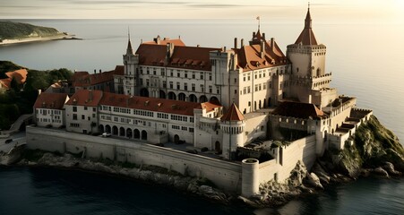 Obraz premium an old castle is sitting on the rock near the water