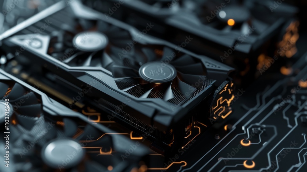 Poster a close-up view of a high-performance graphics card featuring multiple cooling fans and intricate ci