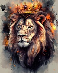 Majestic Lion with Golden Crown Surrounded by Vibrant Abstract Colors