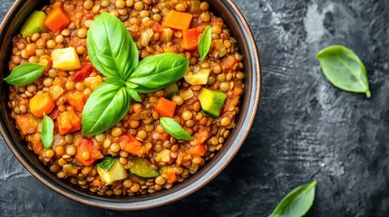 Delicious lentil stew topped with fresh basil, vibrant and nutritious ingredients.