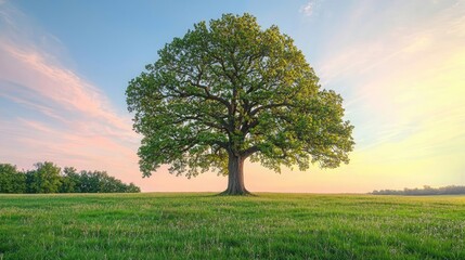 Lone tree standing in a vibrant green field under a colorful sunset sky.