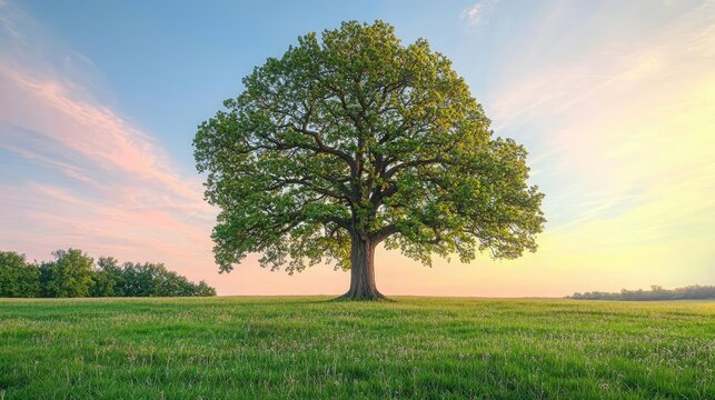 Lone tree standing in a vibrant green field under a colorful sunset sky.