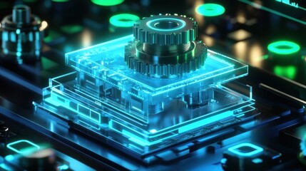 Futuristic glowing glass tech device with metallic gears.