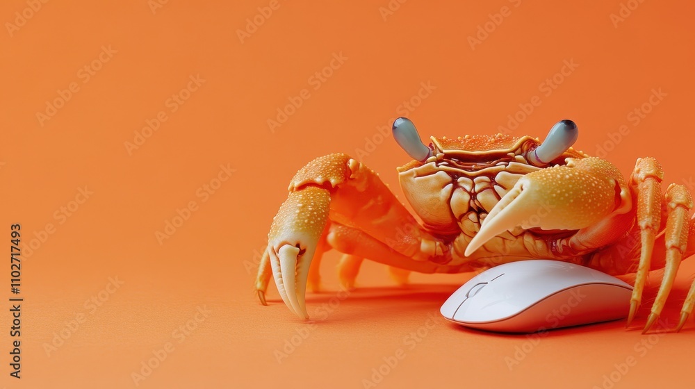 Poster crab with computer mouse on vibrant orange background