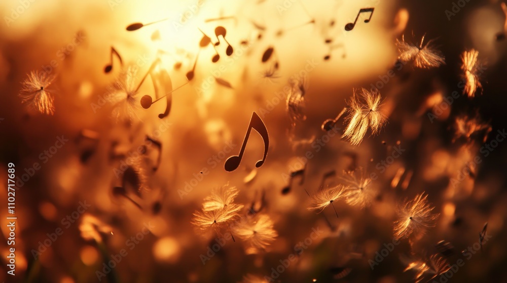 Poster Create an image where musical notes are floating in the air like dandelion seeds blown by the wind.