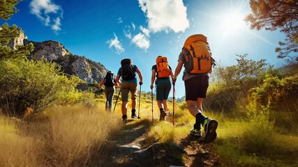 A group of four people are hiking up a mountain trail