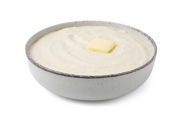 Tasty cooked semolina porridge with butter isolated on white