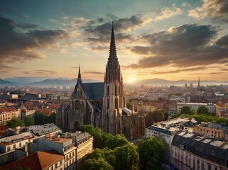 Obraz premium Majestic Church at Sunrise Panoramic Cityscape View