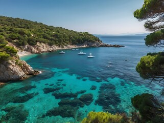 Fototapeta premium Secluded Cove Turquoise Water Boats Island Getaway