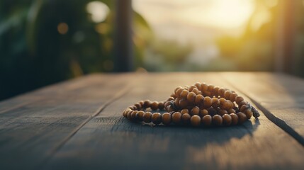 Sacred beads: rosary representing spiritual connection, prayerful meditation, deep significance of faith, inviting reflection, tranquility through its rhythmic counting of prayers, journey devotion.