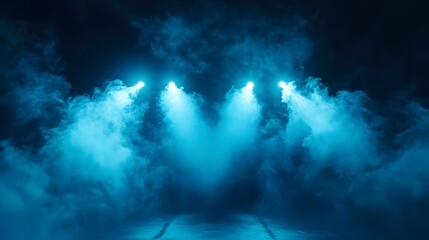 Obraz premium Blue Light Beams Illuminate Dense Foggy Stage