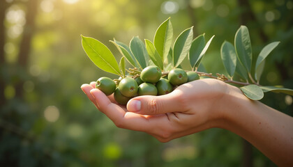 Fototapeta premium Hand holding a lush olive branch with ripe green olives under warm sunlight in a natural setting