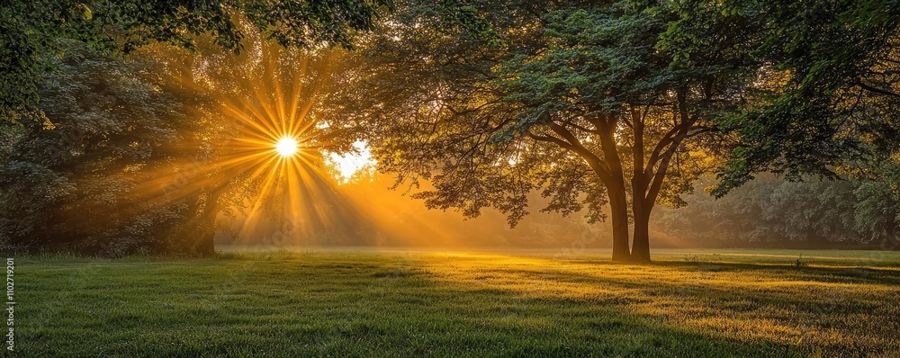 Poster sunlight streaming through trees in a serene forest setting, peaceful atmosphere.