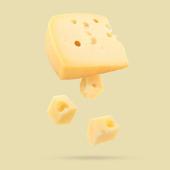 Piece of fresh cheese falling on dark beige background