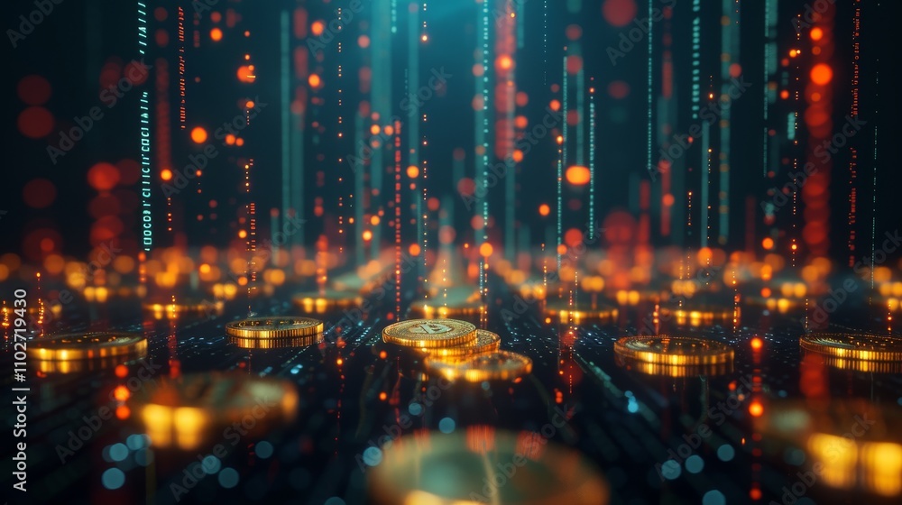 Poster a dynamic representation of golden cryptocurrency coins floating in a futuristic digital network wit
