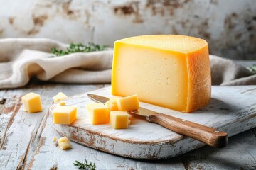 Gouda cheese block with cheese cubes and knife on rustic wooden table