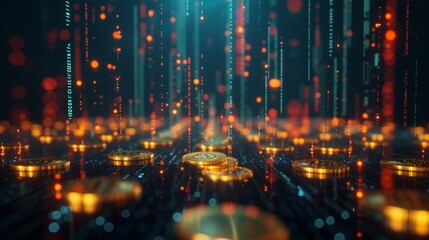 A dynamic representation of golden cryptocurrency coins floating in a futuristic digital network with glowing data streams, illustrating the concept of decentralized finance. AI generated.