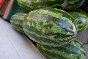 some watermelons with an oval shape. watermelons ready to be eaten. watermelons on the shelves of a fruit shop