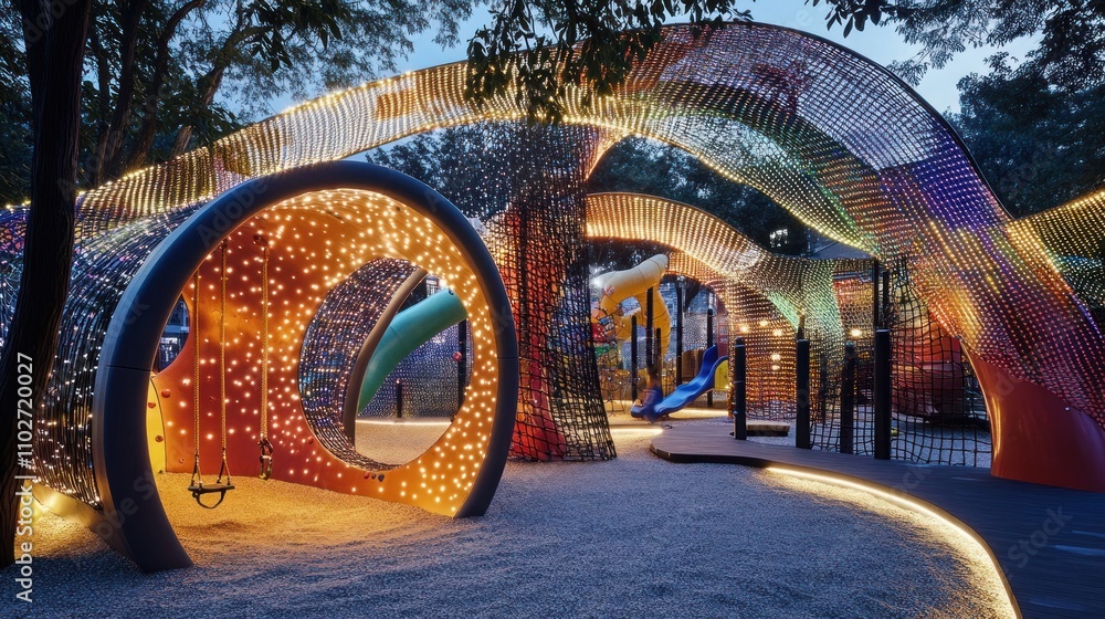 Aufkleber a vibrant playground at dusk, featuring colorful structures and illuminated pathways.