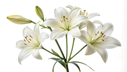 Elegant White Lily Flower Bouquet on White Background – Perfect for Botanical Art and Decor.