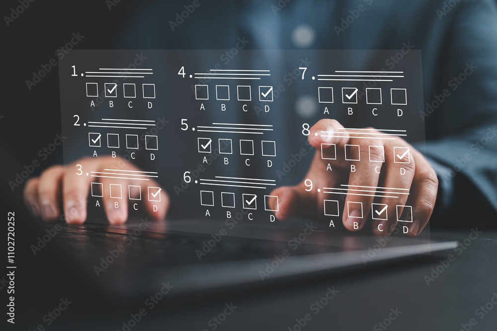 Poster Students take online quizzes through the university website, knowledge testing concepts, fill out application forms, competence assessments, and online learning.