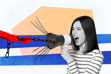 Composite trend artwork sketch image collage of young lady hand hold loudspeaker arm hold pull...
