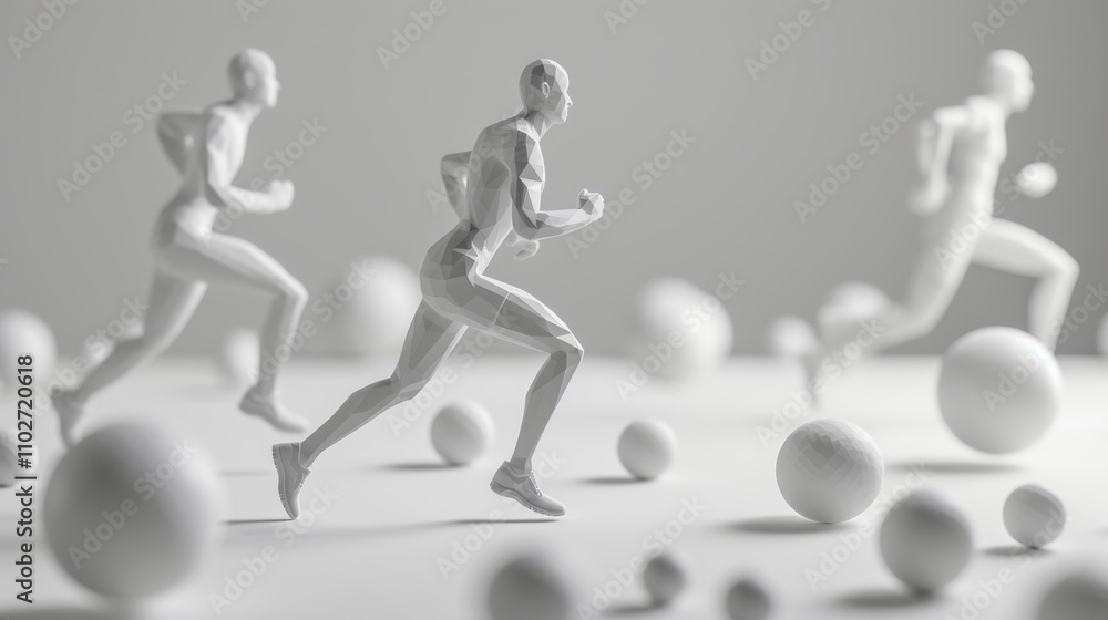 Poster Three monochrome 3D-rendered figures in mid-run surrounded by abstract spherical objects, emphasizing motion and modern design. Ideal for tech or sports themes. AI generated.