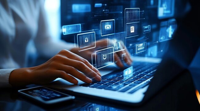 Business Woman Using Laptop for Compliance and Legal Management in Digital Environment with Transparent Screens