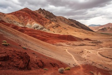 Fototapeta premium Abstract background featuring a mix of red and brown colors reminiscent of clay and dirt, abstract terrain, textured ground