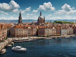 Fototapeta premium Scenic European Cityscape River Boats Architecture and Blue Sky