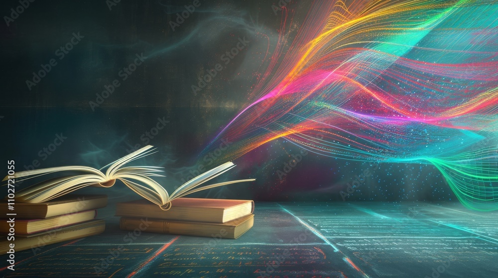 Poster an open book on a table with swirling colorful energy waves floating in the air, symbolizing the flo