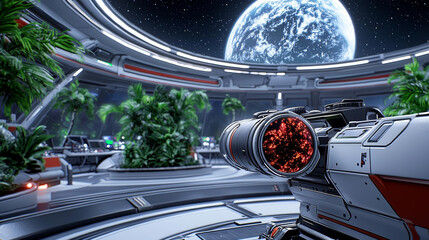 Fototapeta premium Empowering through technology. futuristic laboratory with advanced technology, featuring high tech device aimed at distant planet.