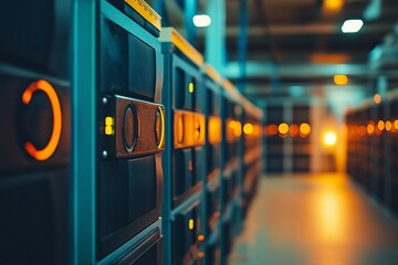 High-tech data center with rows of servers illuminated by orange lights, showcasing modern digital infrastructure.