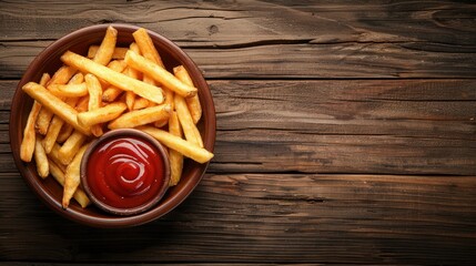 Delicious French fries with tomato sauce on a wooden table and copy space, AI generated image