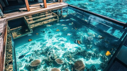Obraz premium A stunning underwater view of a pool revealing vibrant coral and fish beneath the surface.