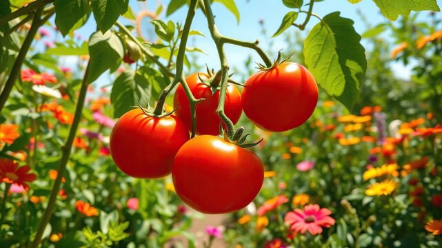 A cluster of ripe tomatoes hangs from a lush green vine in a sun-drenched garden surrounded by vibrant flowers and foliage, greenery, ripeness, plants