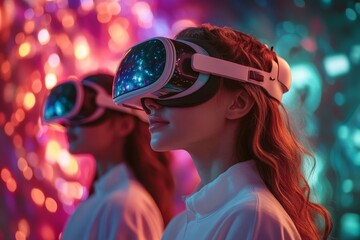 Women in VR Headsets Experience Colorful Futuristic World in Virtual Reality