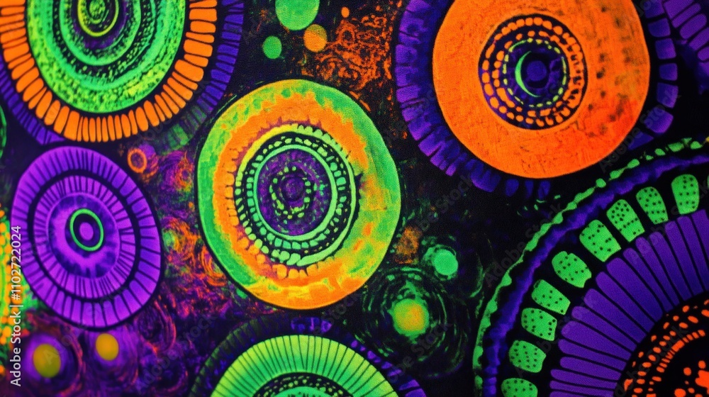 Aufkleber vibrant abstract design featuring circular patterns in neon colors against a dark background.